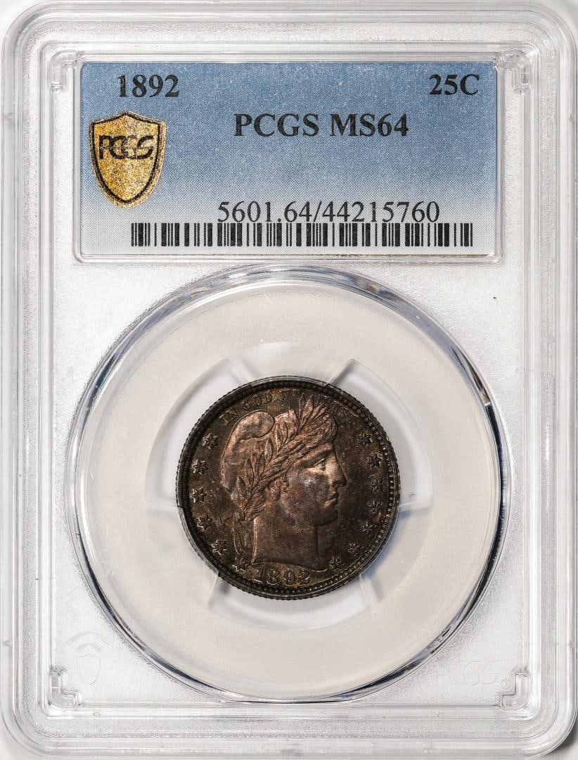 1892 Barber Quarter Coin PCGS MS64: One 1892 Barber Quarter Coin PCGS MS64. PCGS Graded.