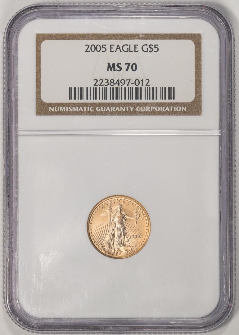 2005 $5 American Gold Eagle Coin NGC MS70: One 2005 $5 American Gold Eagle Coin NGC MS70. NGC Certified.