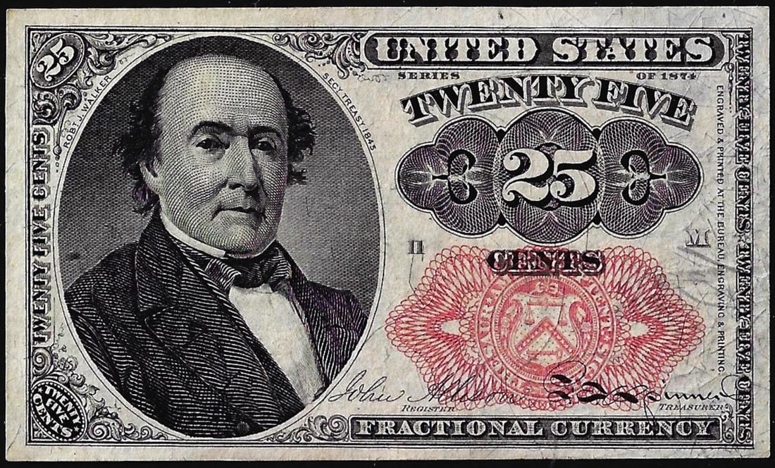 1874 Fifth Issue Twenty-Five Cents Fractional Currency Note: One 1874 Fifth Issue Twenty-Five Cents Fractional Currency Note.