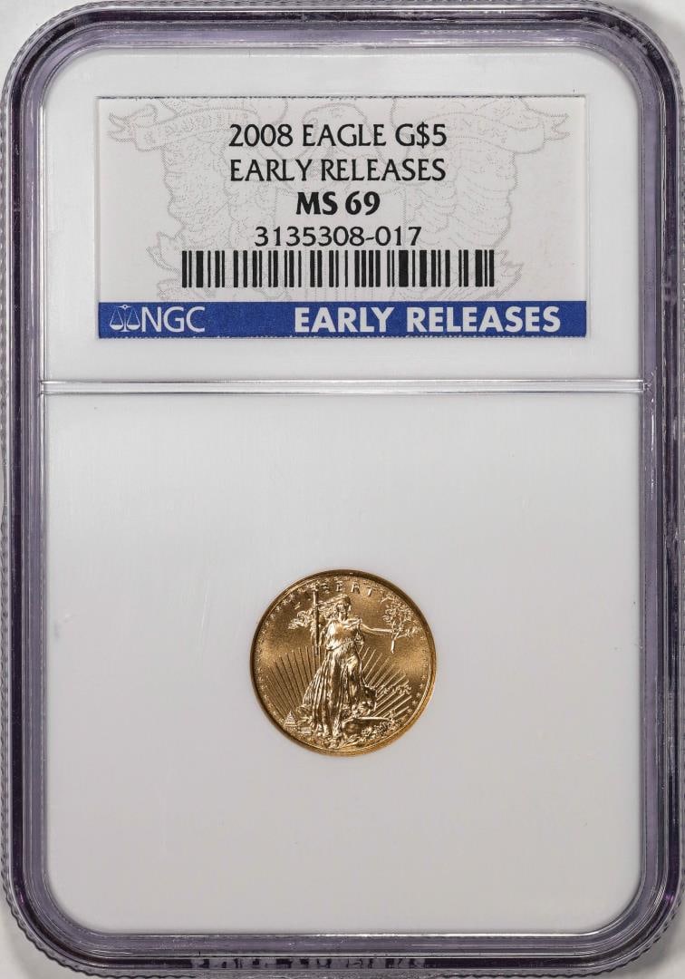 2008 $5 American Gold Eagle Coin NGC MS69 Early Releases: One 2008 $5 American Gold Eagle Coin NGC MS69 Early Releases. NGC Certified.