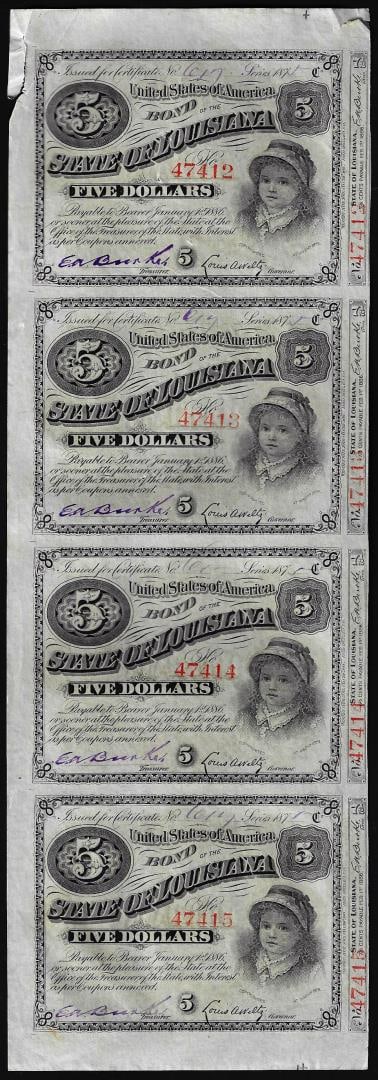Uncut Sheet of (4) State of Louisiana Baby Bond Obsolete Notes: One Uncut Sheet of (4) State of Louisiana Baby Bond Obsolete Notes.