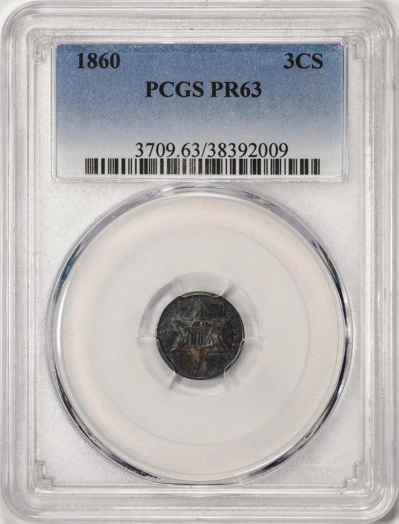 1860 Proof Three Cent Silver Coin PCGS PR63: One 1860 Proof Three Cent Silver Coin PCGS PR63. PCGS Graded.