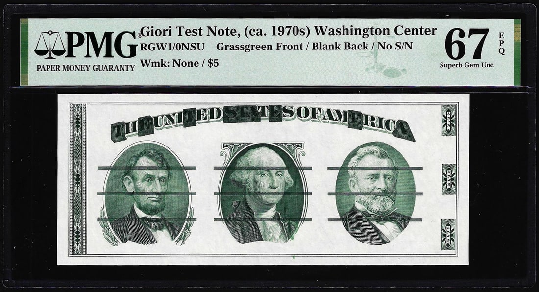 Circa 1970's Washington Center Giori Test Note PMG Superb Gem Uncirculated 67EPQ: One Circa 1970's Washington Center Giori Test Note PMG Superb Gem Uncirculated 67EPQ. PMG Certified.