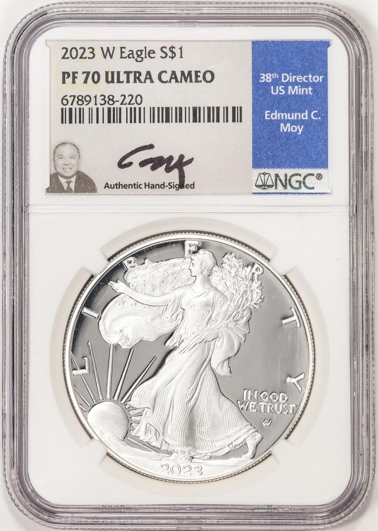 2023-W $1 Proof American Silver Eagle Coin NGC PF70 Ultra Cameo Edmund Moy Signature: One 2023-W $1 Proof American Silver Eagle Coin NGC PF70 Ultra Cameo Edmund Moy Signature. NGC Certified.