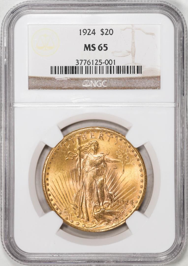 1924 $20 St. Gaudens Double Eagle Gold Coin NGC MS65: One 1924 $20 St. Gaudens Double Eagle Gold Coin NGC MS65. NGC Certified.