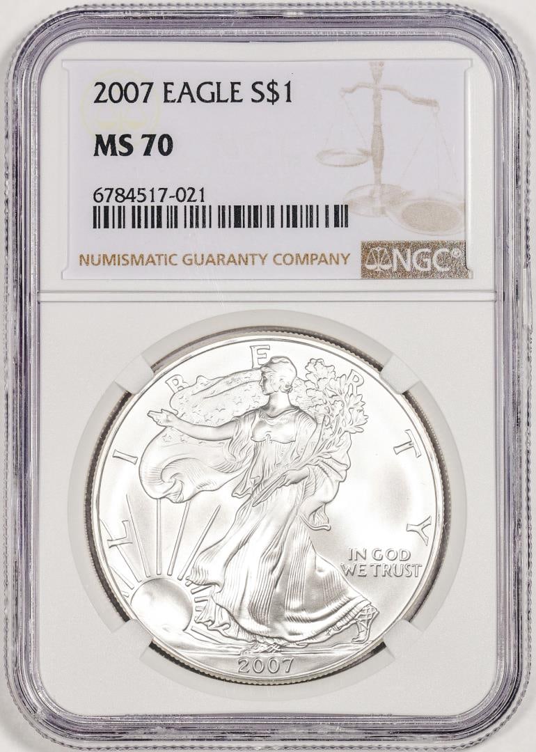 2007 $1 American Silver Eagle Coin NGC MS70: One 2007 $1 American Silver Eagle Coin NGC MS70. NGC Certified.