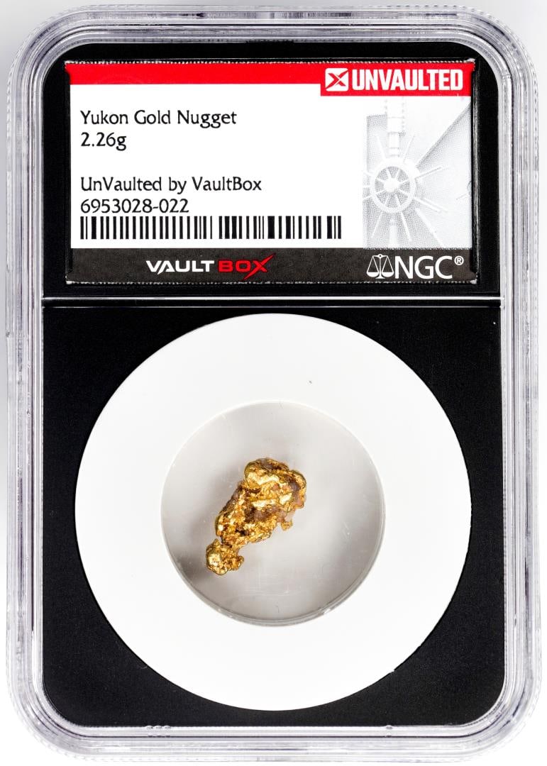 2.26 Gram Yukon Gold Nugget NGC Vaultbox Unvaulted: One 2.26 Gram Yukon Gold Nugget NGC Vaultbox Unvaulted. NGC Certified.