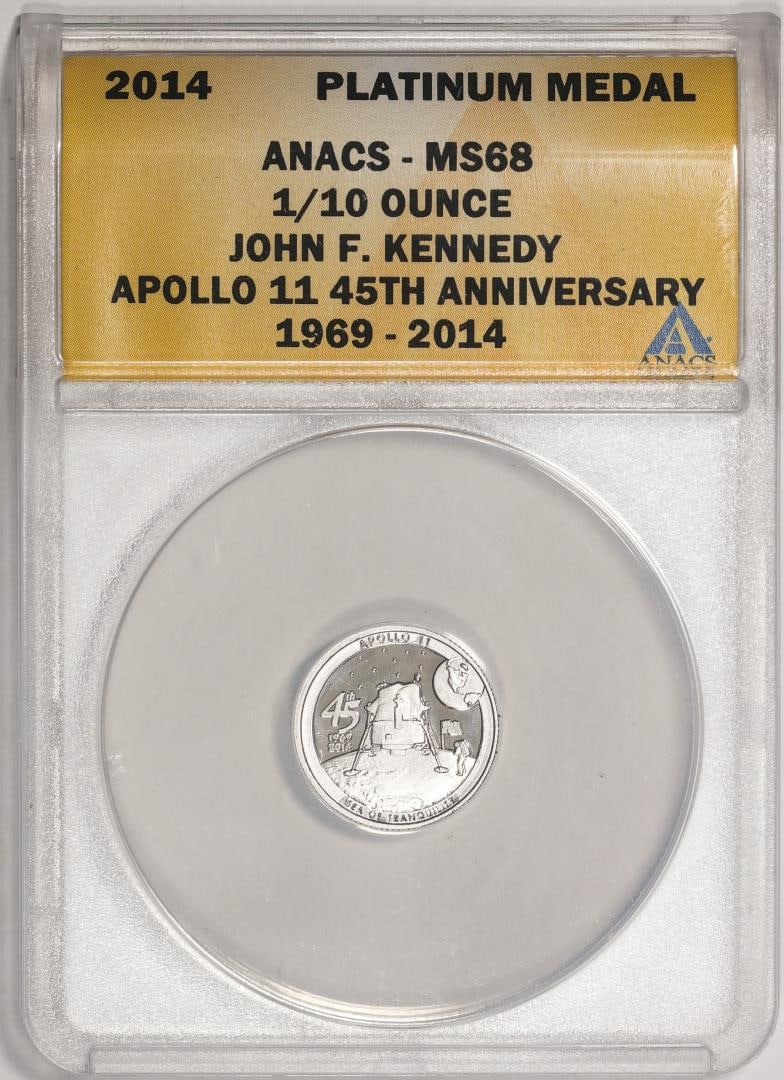 2014 Proof 1/10 oz Platinum JFK Apollo 11 Anniversary Medal ANACS MS68: One 2014 Proof 1/10 oz Platinum JFK Apollo 11 Anniversary Medal ANACS MS68. ANACS Certified.
