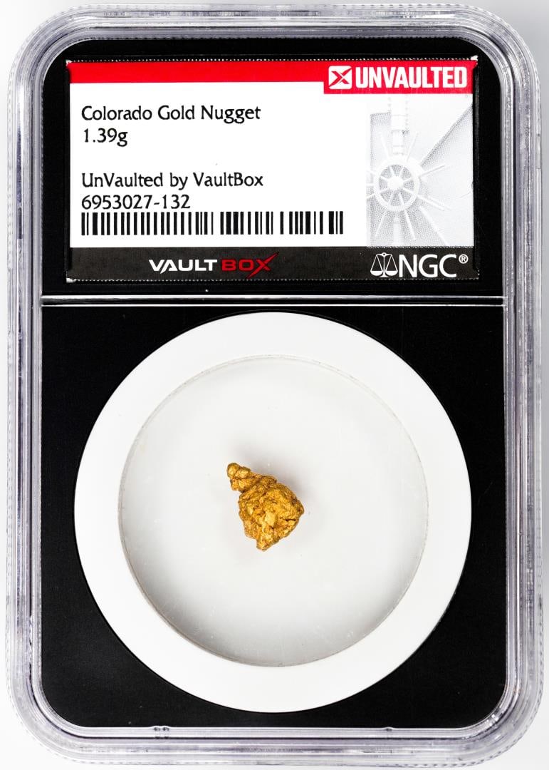 1.39 Gram Colorado Gold Nugget NGC Vaultbox Unvaulted: One 1.39 Gram Colorado Gold Nugget NGC Vaultbox Unvaulted. NGC Certified.