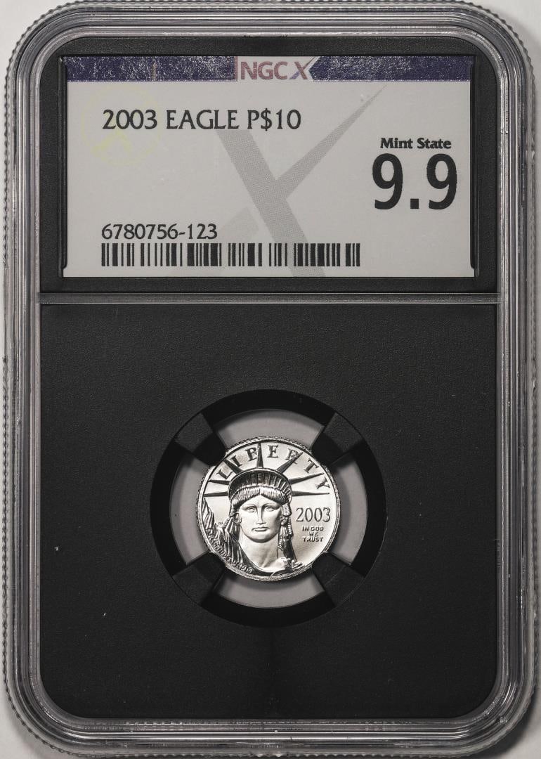 2003 $10 Platinum American Eagle Coin NGCX Mint State 9.9: One 2003 $10 Platinum American Eagle Coin NGCX Mint State 9.9. NGCX Certified.