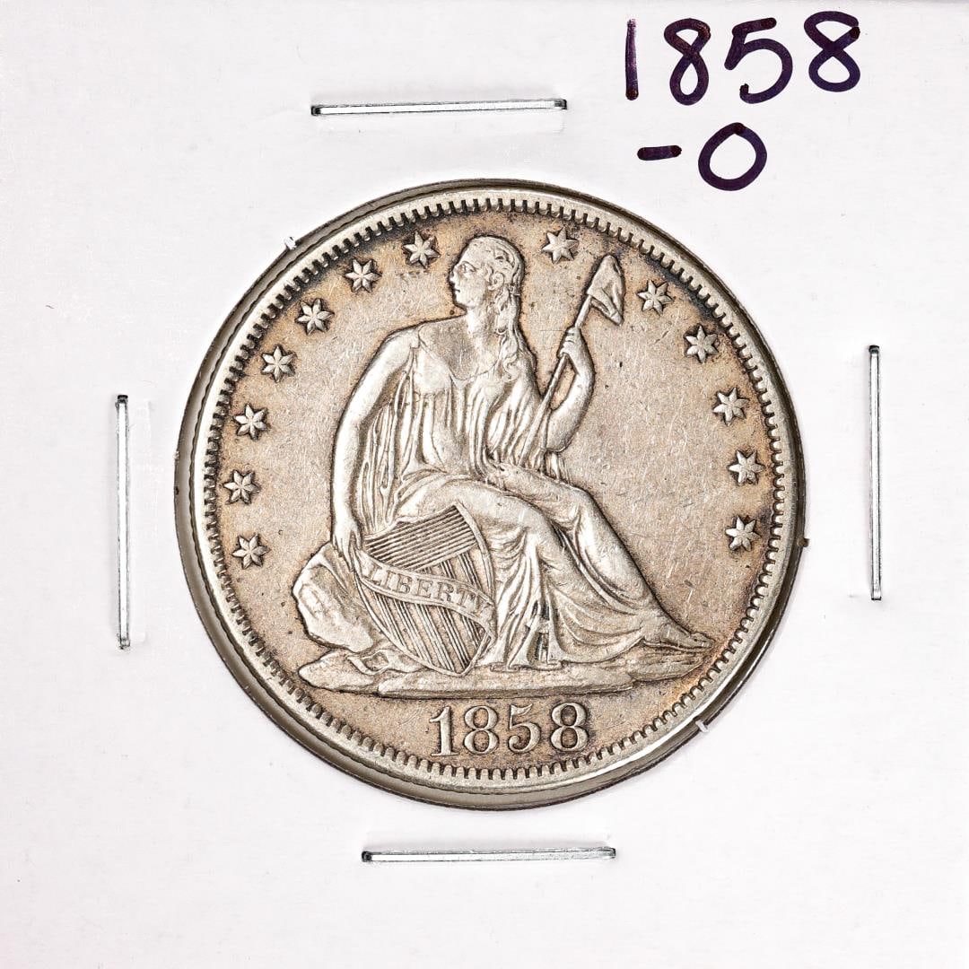 1858-O Seated Liberty Half Dollar Coin: One 1858-O Seated Liberty Half Dollar Coin.