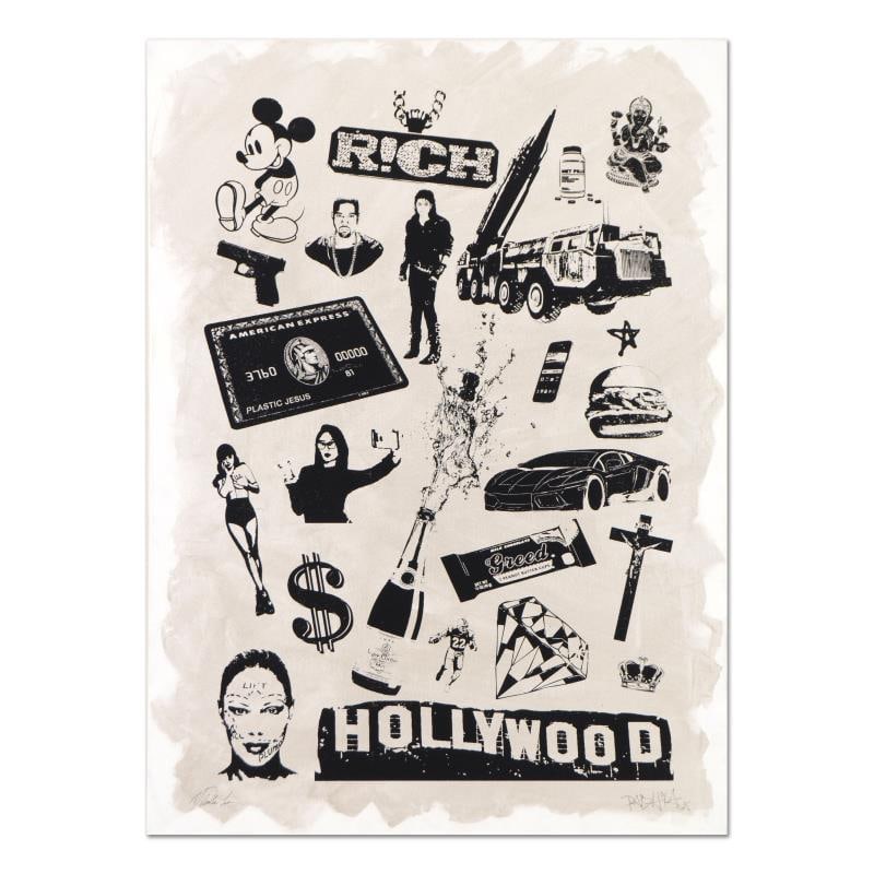 Padhia Avocado "False Idols I: Plastic Jesus" Original Mixed Media on Canvas: "False Idols I: Plastic Jesus" is a one-of-a-kind hand painted silkscreen mixed media on canvas, hand signed by the artist. Includes Letter of Authenticity. Measures approx. Measures approx. 22" x 30"