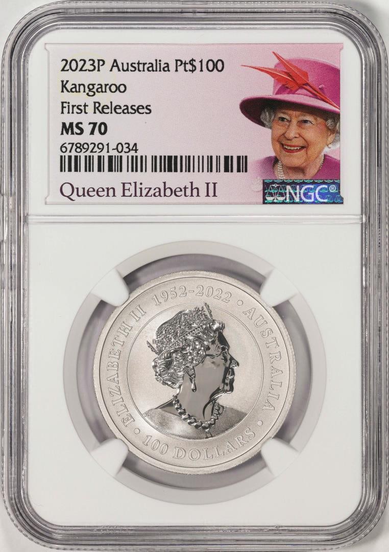 2023P Australia $100 Kangaroo 1oz Platinum Coin NGC MS70 First Releases: One 2023P Australia $100 Kangaroo 1oz Platinum Coin NGC MS70 First Releases. NGC Certified.