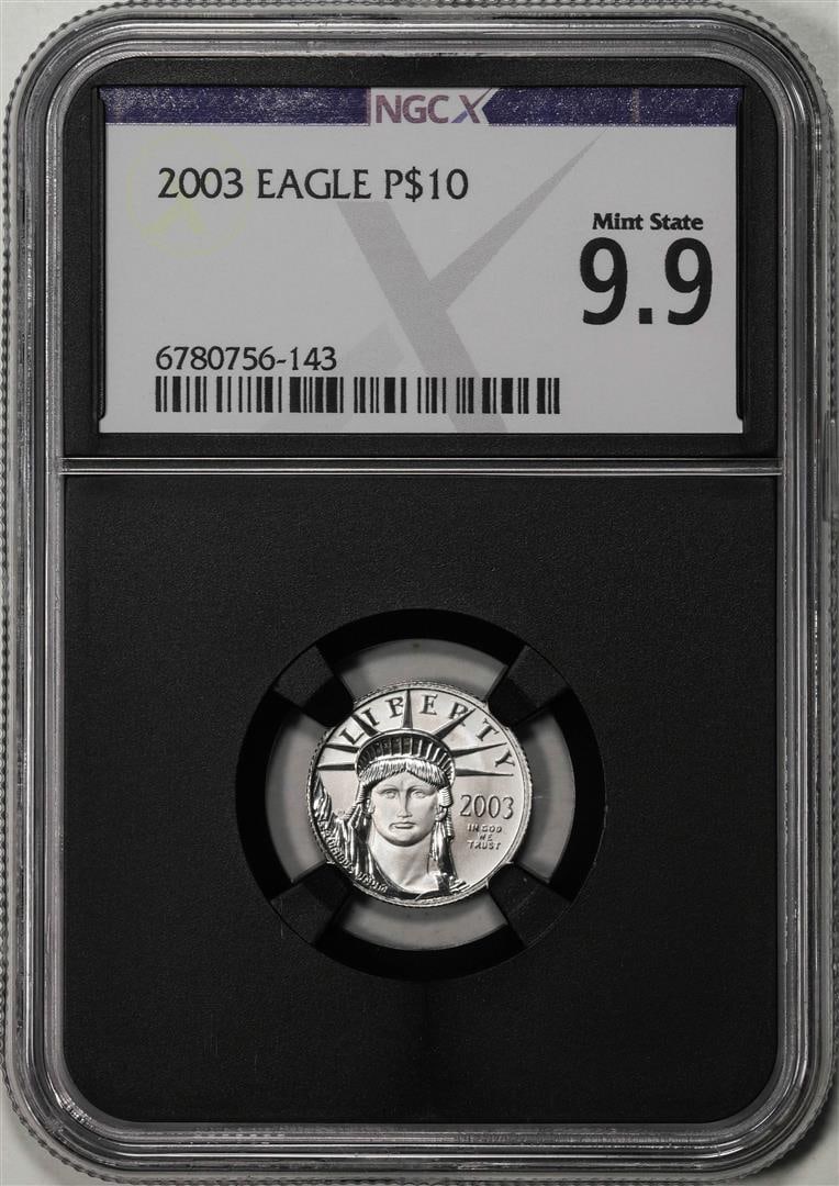 2003 $10 Platinum American Eagle Coin NGCX Mint State 9.9: One 2003 $10 Platinum American Eagle Coin NGCX Mint State 9.9. NGCX Certified.