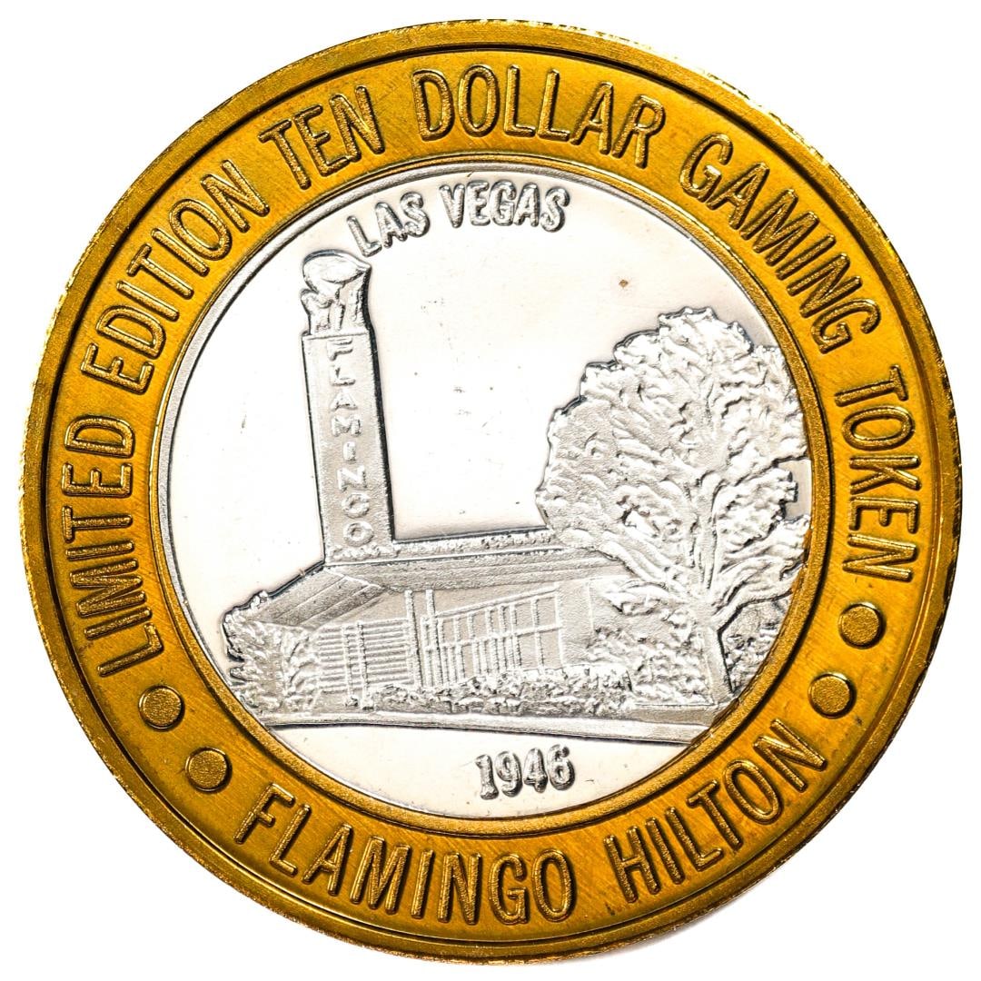.999 Silver Flamingo Hilton Las Vegas, Nevada $10 Casino Limited Edition Gaming Token: One .999 Silver Flamingo Hilton Las Vegas, Nevada $10 Casino Limited Edition Gaming Token.