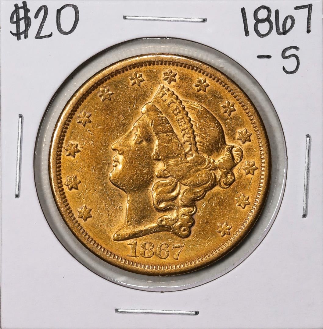 1867-S $20 Liberty Head Double Eagle Gold Coin: One 1867-S $20 Liberty Head Double Eagle Gold Coin.
