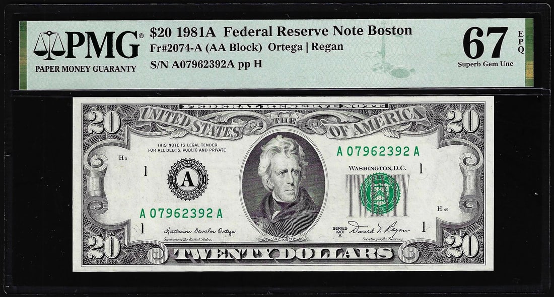 1981A $20 Federal Reserve Note Boston Fr.2074-A PMG Superb Gem Uncirculated 67EPQ: One 1981A $20 Federal Reserve Note Boston Fr.2074-A PMG Superb Gem Uncirculated 67EPQ. PMG Certified.
