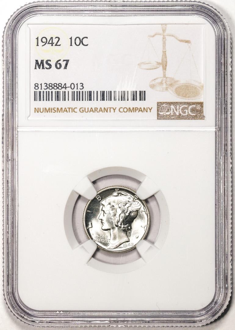 1942 Mercury Dime Coin NGC MS67: One 1942 Mercury Dime Coin NGC MS67. NGC Certified.
