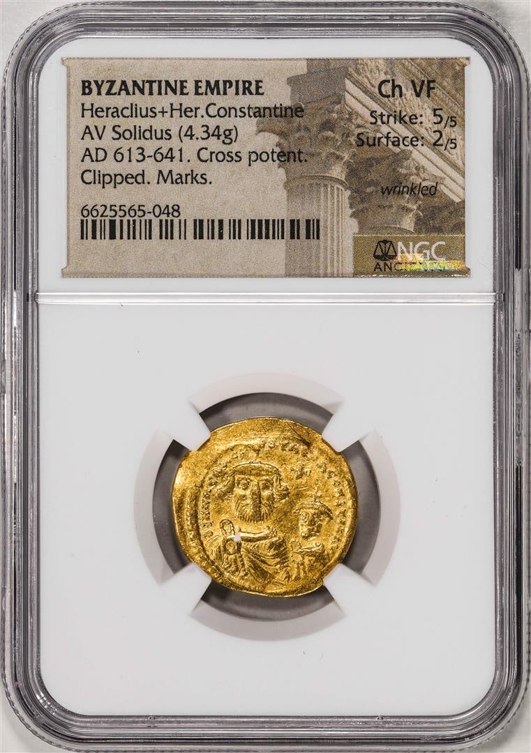 AD 613-641 Byzantine Empire Heraclius + Her Constantine AV Solidus Gold Coin NGC Ch VF: One AD 613-641 Byzantine Empire Heraclius + Her Constantine AV Solidus Gold Coin NGC Ch VF. NGC Certified.