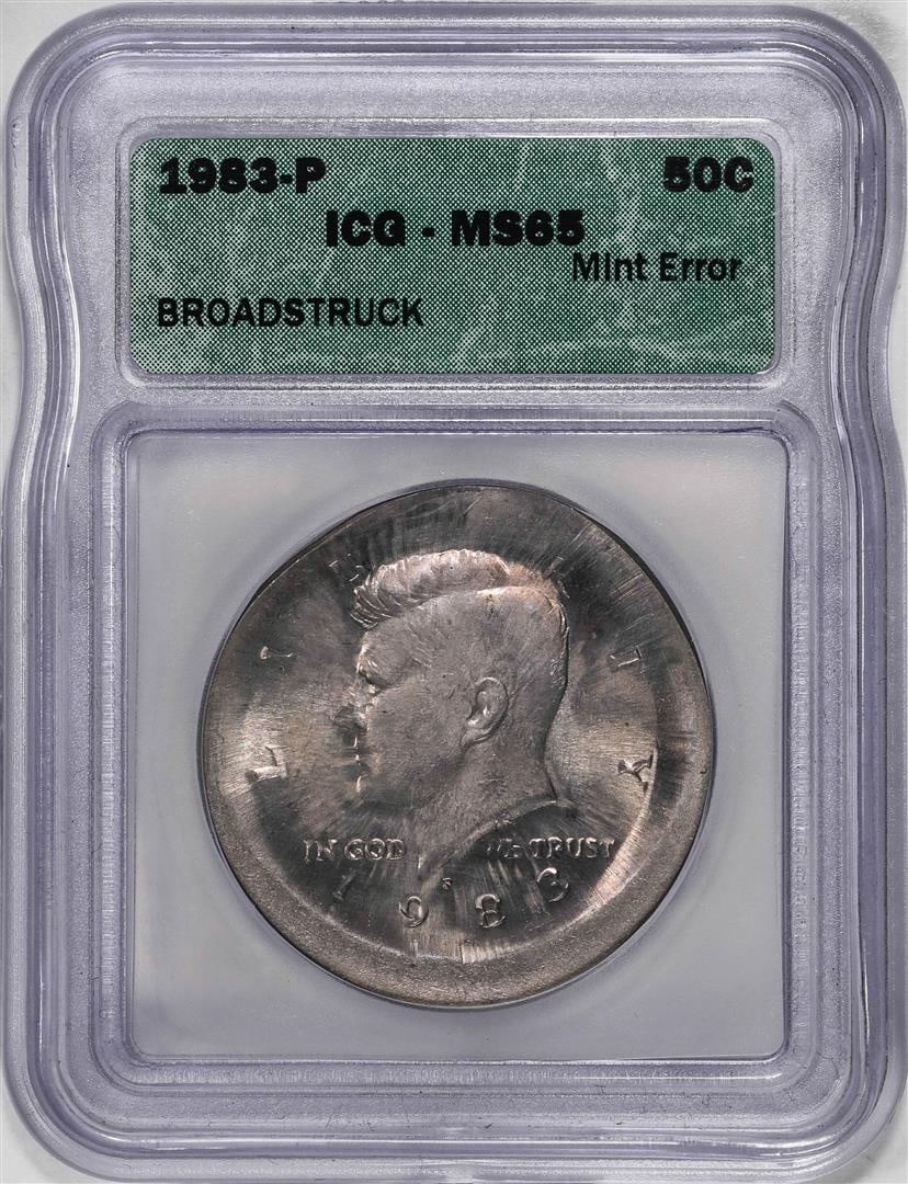 1983-P Kennedy Half Dollar Coin Mint ERROR Broadstruck ICG MS65: One 1983-P Kennedy Half Dollar Coin Mint ERROR Broadstruck ICG MS65. ICG Certified.