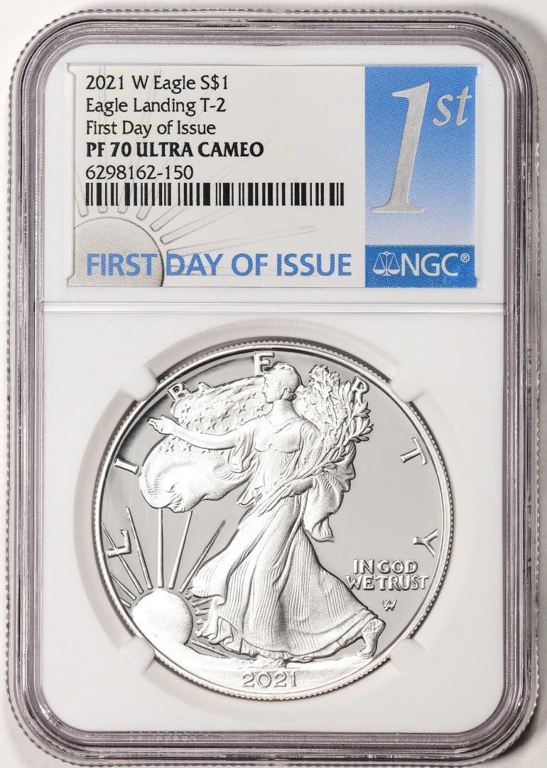 2021-W T-2 $1 Proof American Silver Eagle Coin NGC PF70 Ultra Cameo FDOI: One 2021-W T-2 $1 Proof American Silver Eagle Coin NGC PF70 Ultra Cameo FDOI. NGC Certified.