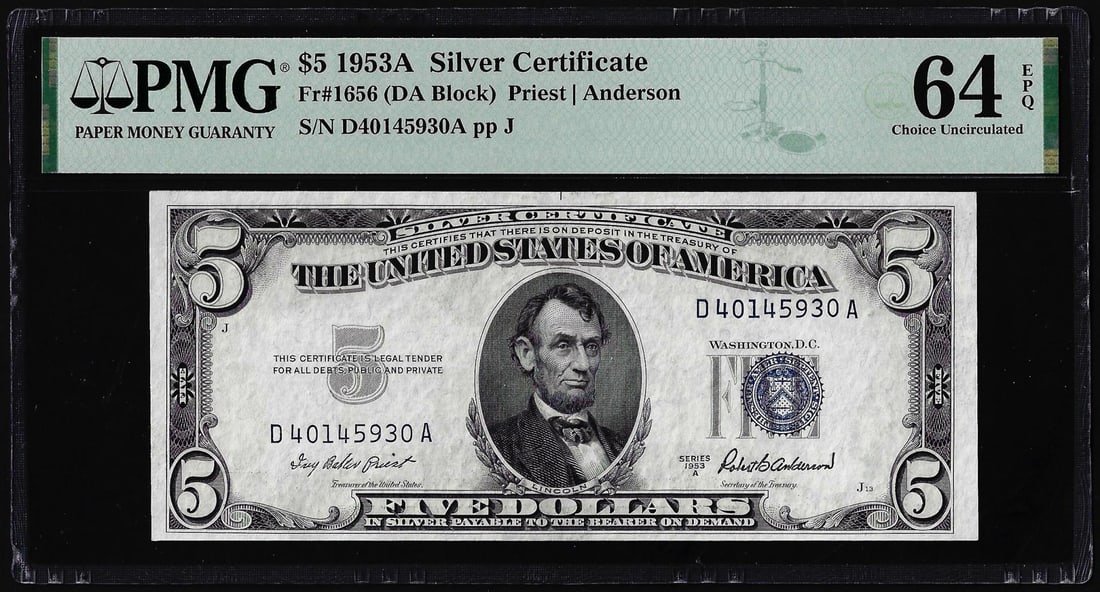 1953A $5 Silver Certificate Note Fr.1656 PMG Choice Uncirculated 64EPQ: One 1953A $5 Silver Certificate Note Fr.1656 PMG Choice Uncirculated 64EPQ. PMG Certified.