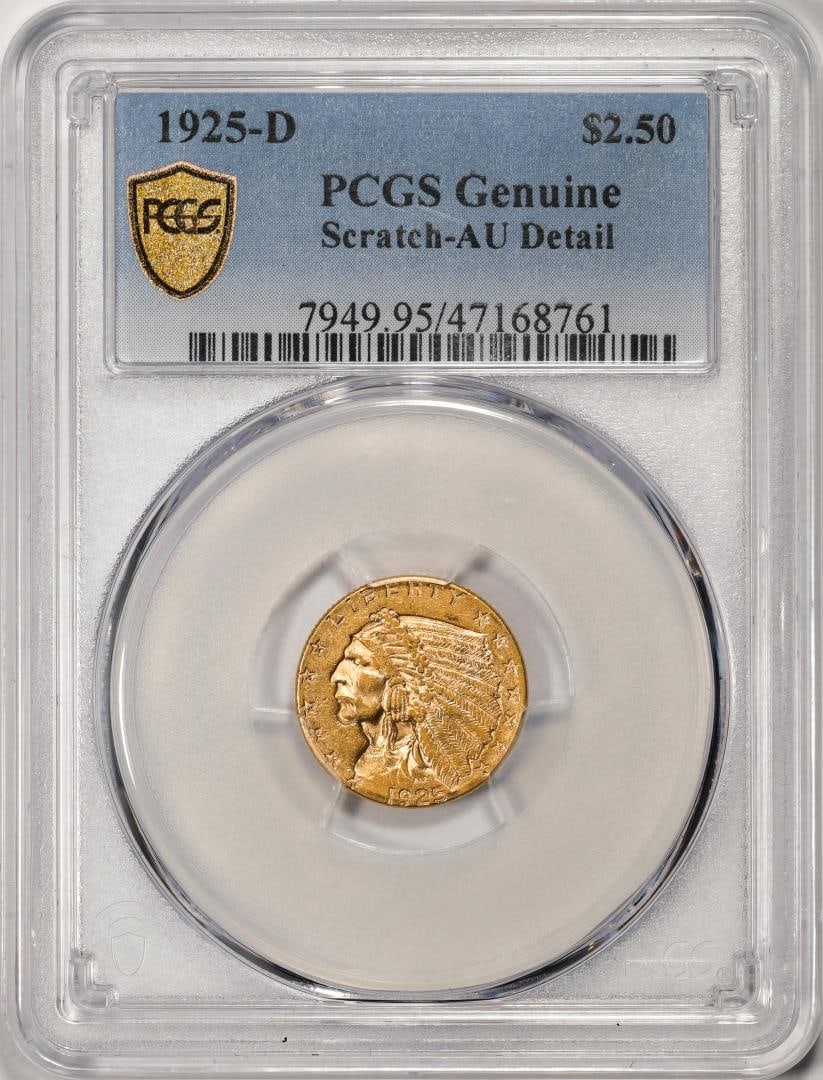 1925-D $2 1/2 Indian Head Quarter Eagle Gold Coin PCGS Genuine Scratch AU Detail: One 1925-D $2 1/2 Indian Head Quarter Eagle Gold Coin PCGS Genuine Scratch AU Detail. PCGS Graded.
