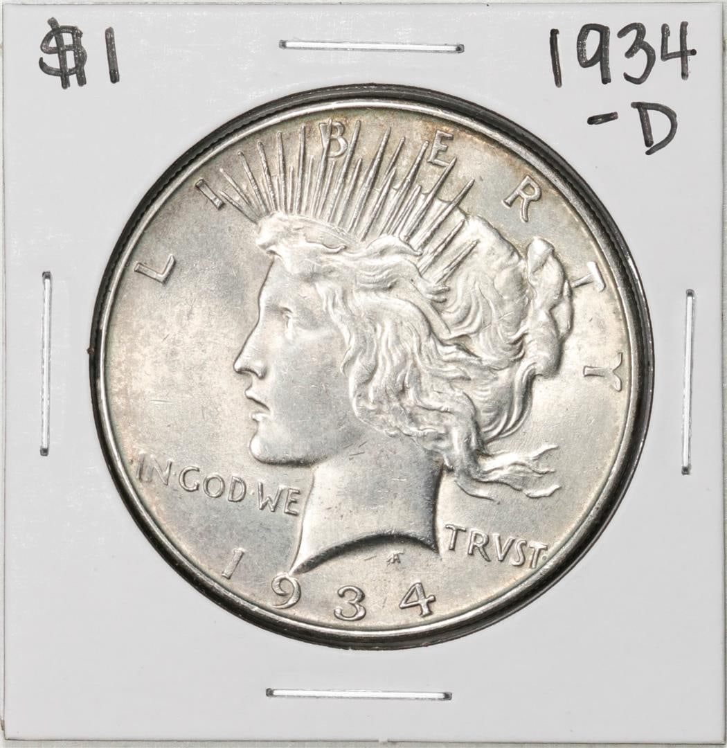 1934-D $1 Peace Silver Dollar Coin: One 1934-D $1 Peace Silver Dollar Coin.