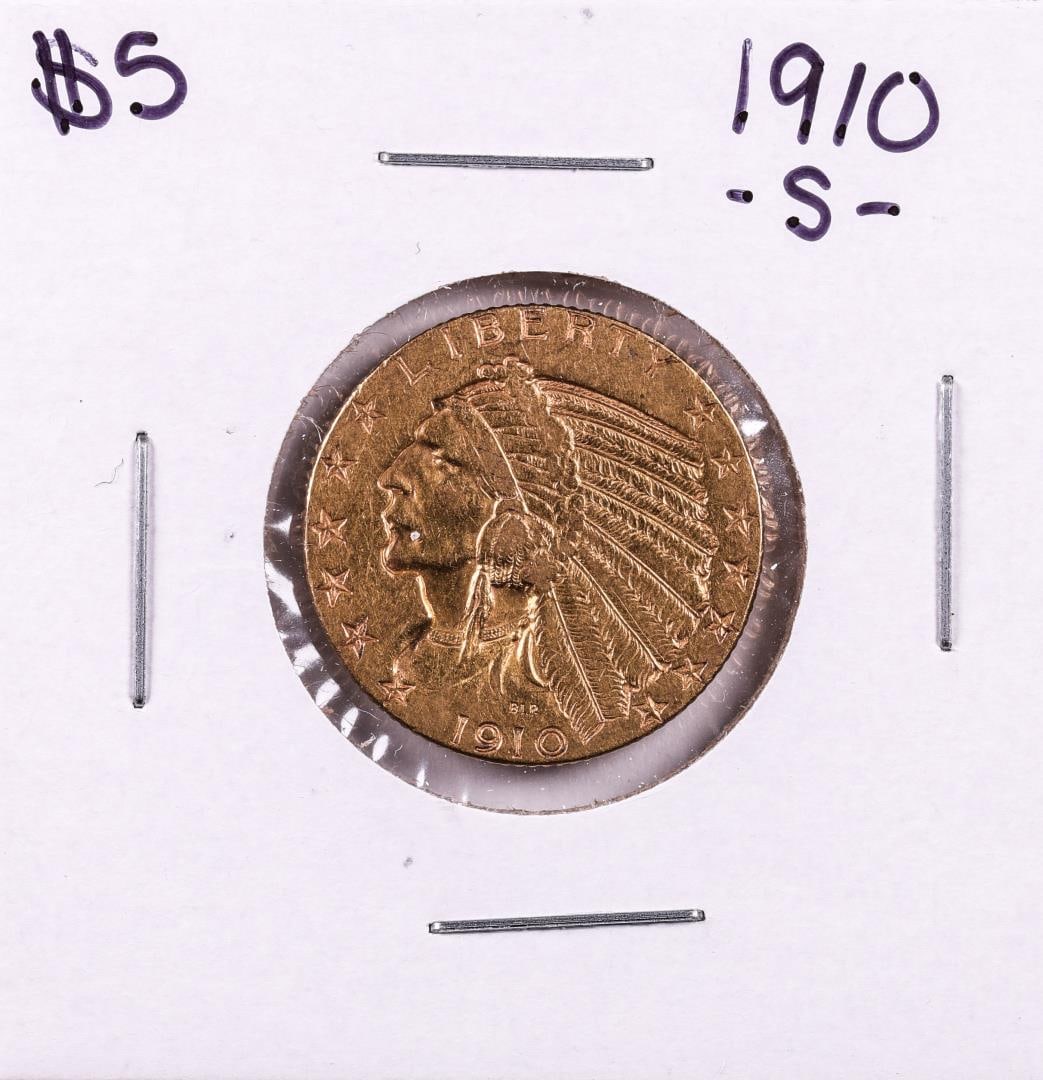1910-S $5 Indian Head Half Eagle Gold Coin: One 1910-S $5 Indian Head Half Eagle Gold Coin.