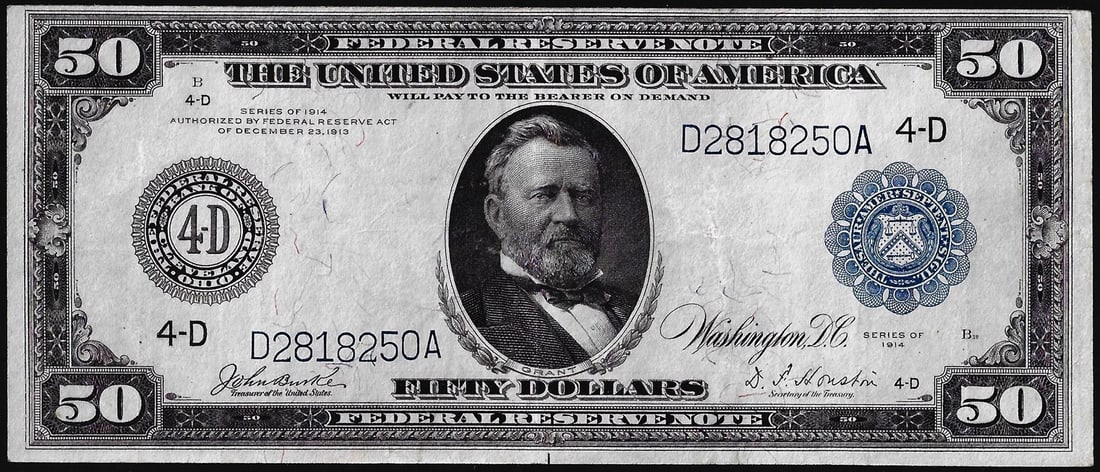 1914 $50 Federal Reserve Note Cleveland: One 1914 $50 Federal Reserve Note Cleveland.