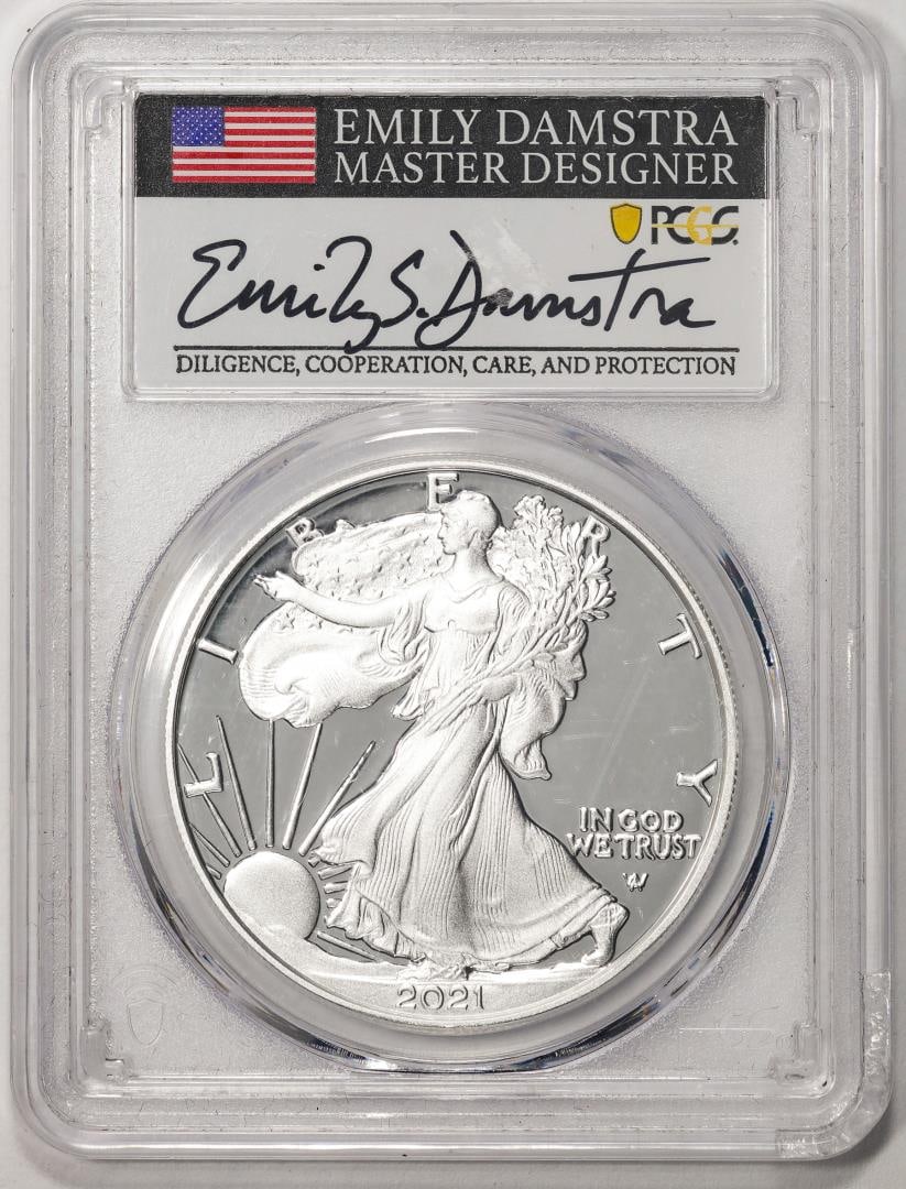 2021-W Type 2 $1 Proof American Silver Eagle Coin PCGS Gem Proof Emily Damstra Signed: One 2021-W Type 2 $1 Proof American Silver Eagle Coin PCGS Gem Proof Emily Damstra Signed. PCGS Graded.