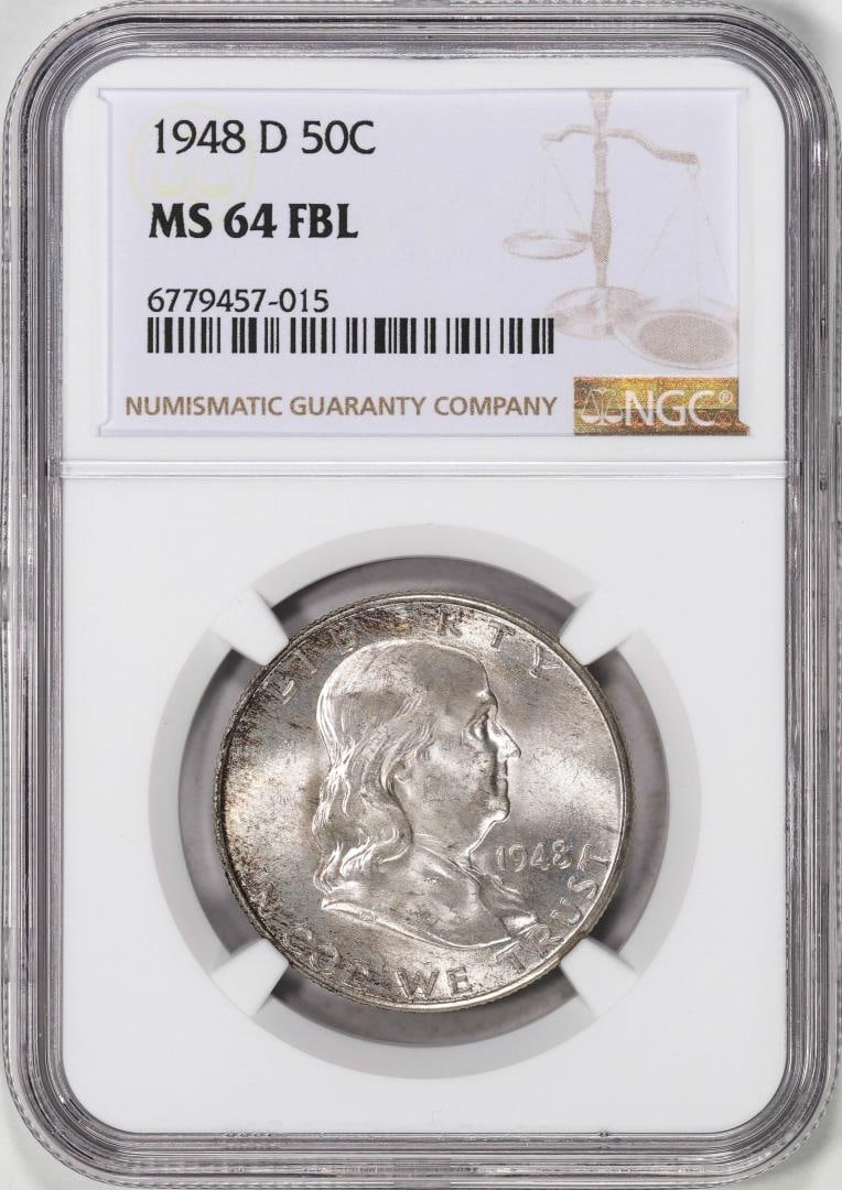 1948-D Franklin Half Dollar Coin NGC MS64FBL: One 1948-D Franklin Half Dollar Coin NGC MS64FBL. NGC Certified.