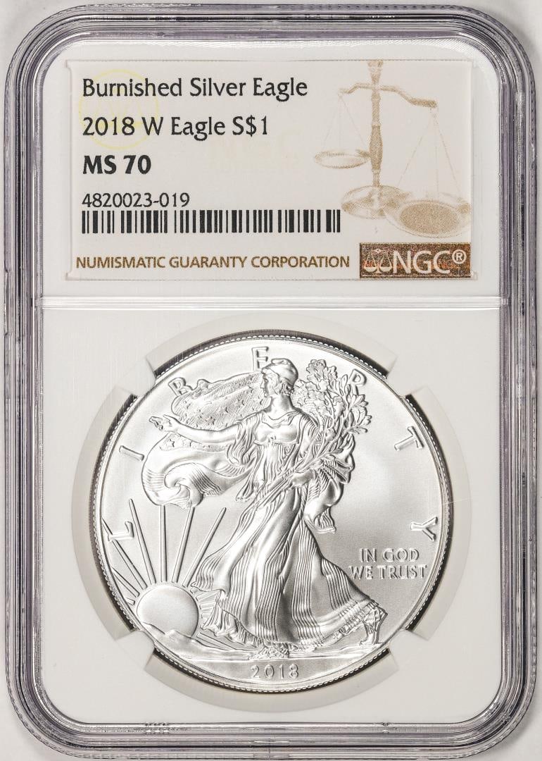 2018-W $1 Burnished American Silver Eagle Coin NGC MS70: One 2018-W $1 Burnished American Silver Eagle Coin NGC MS70. NGC Certified.