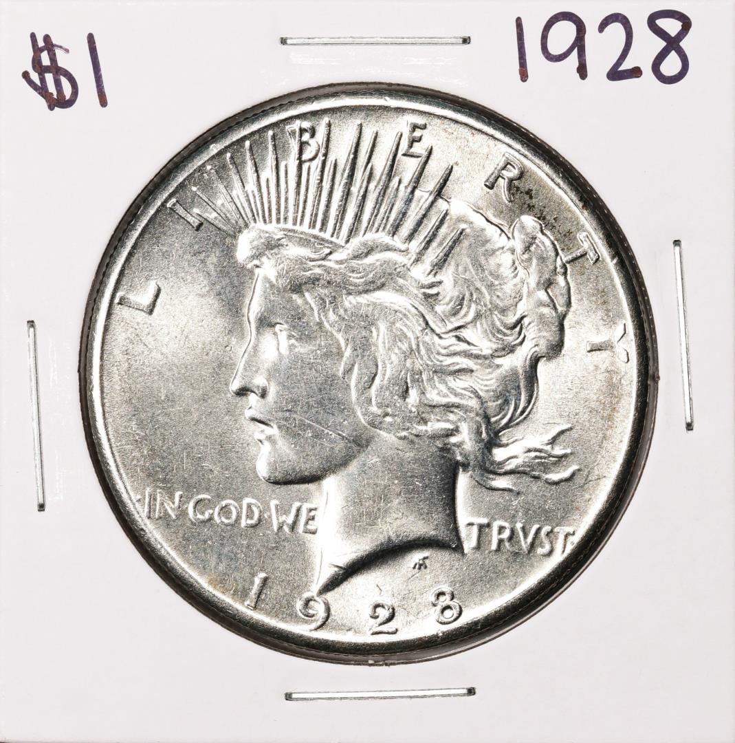 1928 $1 Peace Silver Dollar Coin: One 1928 $1 Peace Silver Dollar Coin.