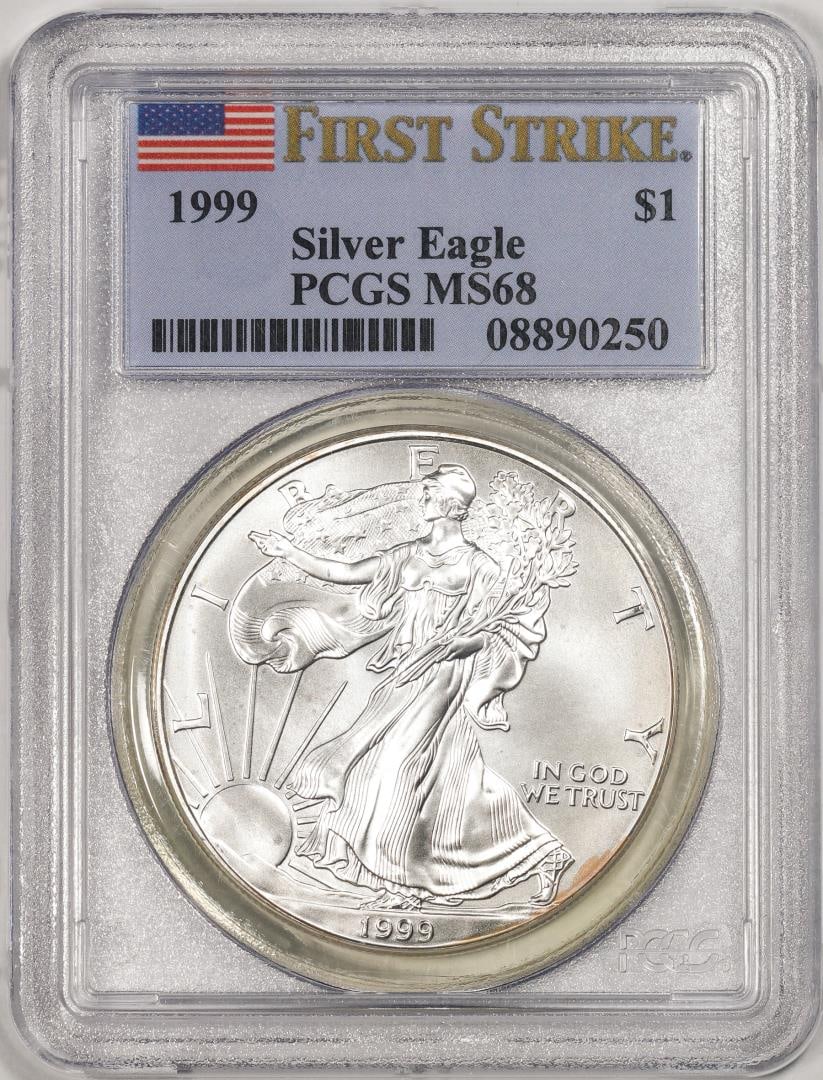 1999 $1 American Silver Eagle Coin PCGS MS68 First Strike: One 1999 $1 American Silver Eagle Coin PCGS MS68 First Strike. PCGS Graded.