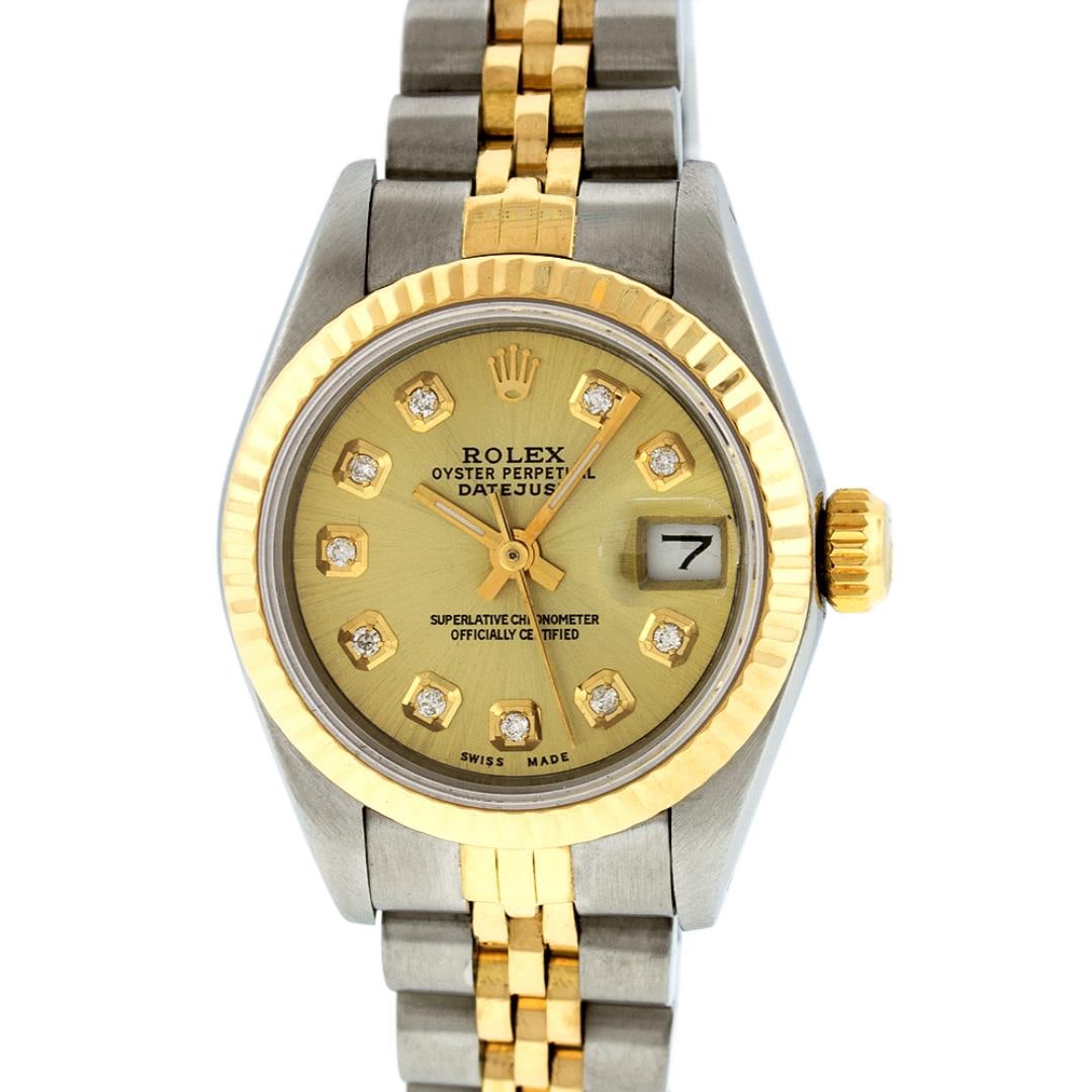 Rolex Ladies Two Tone Champagne Diamond Quickset Datejust Wristwatch: One Ladies Pre Owned Rolex Quickset Two Tone 18K Yellow Gold And Stainless Steel Datejust Polished, Serviced & Electronically Tested, Rolex Yellow Gold And Stainless Steel Case: 26mm, Rolex Yellow Gol