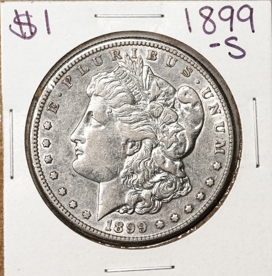 1899-S $1 Morgan Silver Dollar Coin: One 1899-S $1 Morgan Silver Dollar Coin.