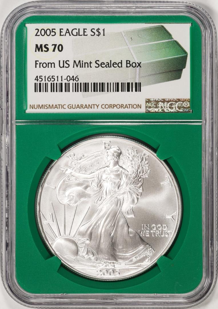 2005 $1 American Silver Eagle Coin NGC MS70 From US Mint Sealed Box Green Core: One 2005 $1 American Silver Eagle Coin NGC MS70 From US Mint Sealed Box Green Core. NGC Certified.