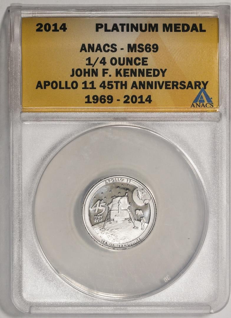 2014 Proof 1/4 oz Platinum JFK Apollo 11 Anniversary Medal ANACS MS69: One 2014 Proof 1/4 oz Platinum JFK Apollo 11 Anniversary Medal ANACS MS69. ANACS Certified.