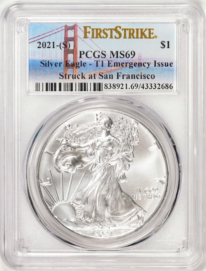 2021-(S) Type 1 $1 American Silver Eagle Coin PCGS MS69 First Strike Emergency Issue: One 2021-(S) Type 1 $1 American Silver Eagle Coin PCGS MS69 First Strike Emergency Issue. PCGS Graded.
