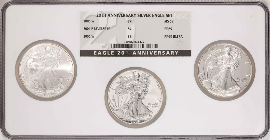 20th Anniversary (3) Coin Set 2006 $1 American Silver Eagle NGC MS69/PF69/PF69 Ultra: One 20th Anniversary (3) Coin Set 2006 $1 American Silver Eagle NGC MS69/PF69/PF69 Ultra. NGC Certified.