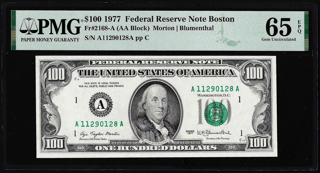 1977 $100 Federal Reserve Note Boston Fr.2168-A PMG Gem Uncirculated 65EPQ: One 1977 $100 Federal Reserve Note Boston Fr.2168-A PMG Gem Uncirculated 65EPQ. PMG Certified.