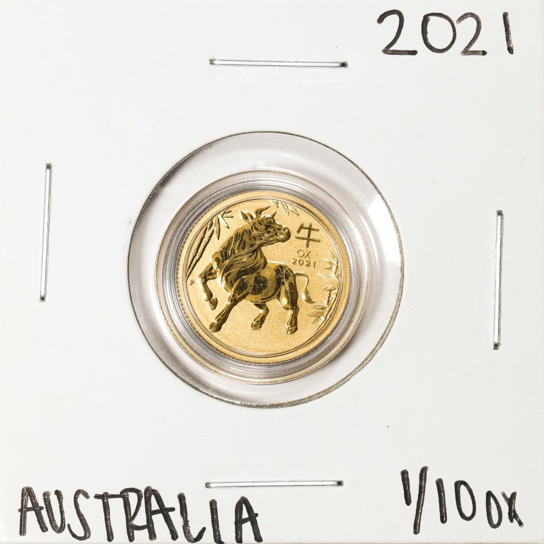 2021 Australia $15 Lunar Year of the Ox 1/10 Oz Gold Coin: One 2021 Australia $15 Lunar Year of the Ox 1/10 Oz Gold Coin.