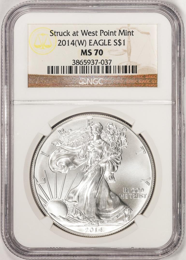 2014(W) $1 American Silver Eagle Coin NGC MS70 West Point Mint: One 2014(W) $1 American Silver Eagle Coin NGC MS70 West Point Mint. NGC Certified.