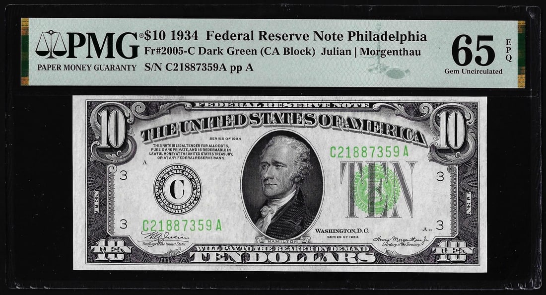1934 $10 Federal Reserve Note Philadelphia Fr.2005-C PMG Gem Uncirculated 65EPQ: One 1934 $10 Federal Reserve Note Philadelphia Fr.2005-C PMG Gem Uncirculated 65EPQ. PMG Certified.