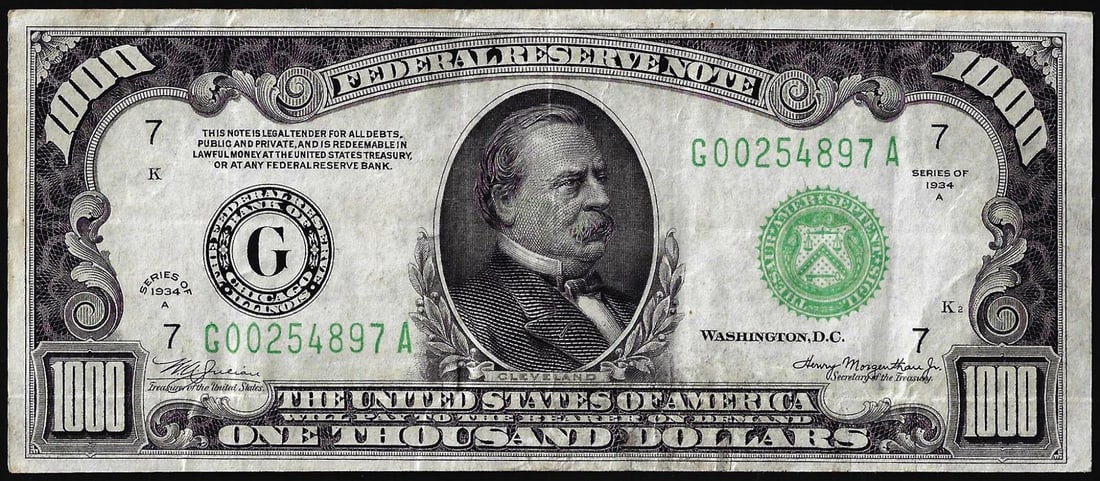 1934A $1,000 Federal Reserve Note Chicago: One 1934A $1,000 Federal Reserve Note Chicago.