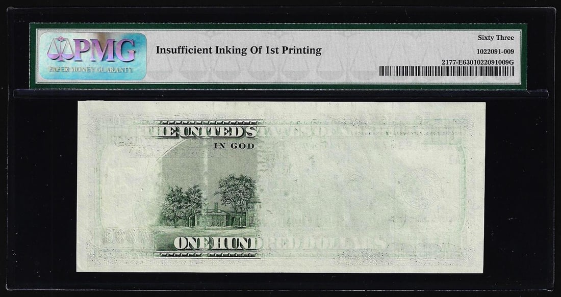 2003 $100 Federal Reserve Note Insufficient Inking Error PMG Choice Uncirculated 63: One 2003 $100 Federal Reserve Note Insufficient Inking Error PMG Choice Uncirculated 63. PMG Certified.