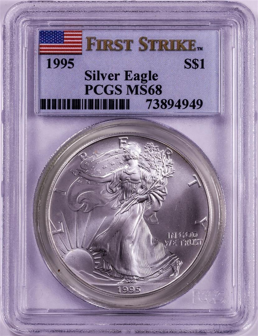 1995 $1 American Silver Eagle Coin PCGS MS68 First Strike: One 1995 $1 American Silver Eagle Coin PCGS MS68 First Strike. PCGS Graded.