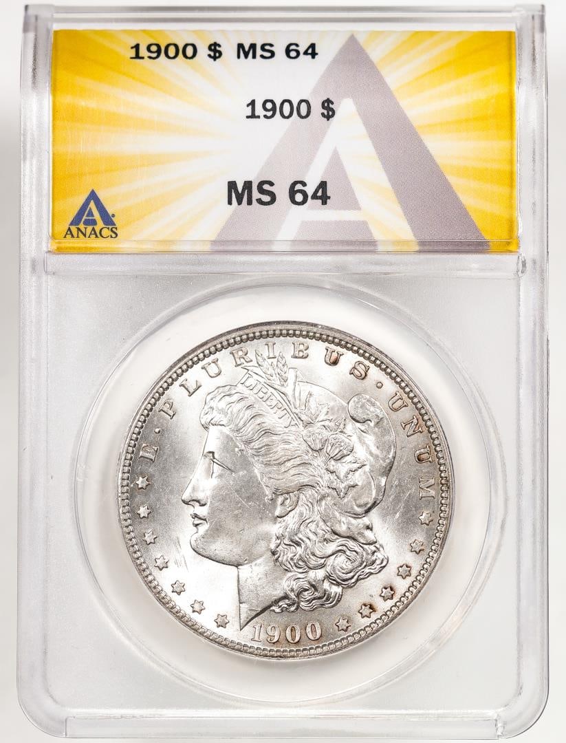 1900 $1 Morgan Silver Dollar Coin ANACS MS64: One 1900 $1 Morgan Silver Dollar Coin ANACS MS64. ANACS Certified.