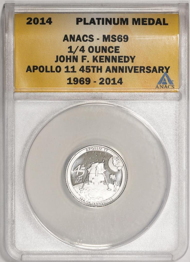 2014 Proof 1/4 oz Platinum JFK Apollo 11 Anniversary Medal ANACS MS69: One 2014 Proof 1/4 oz Platinum JFK Apollo 11 Anniversary Medal ANACS MS69. ANACS Certified.